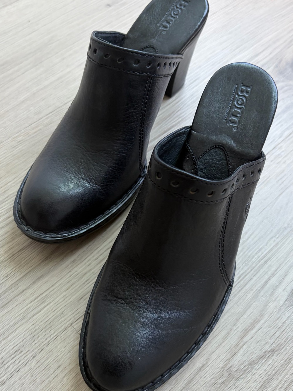 Born Black Leather Heeled Mules